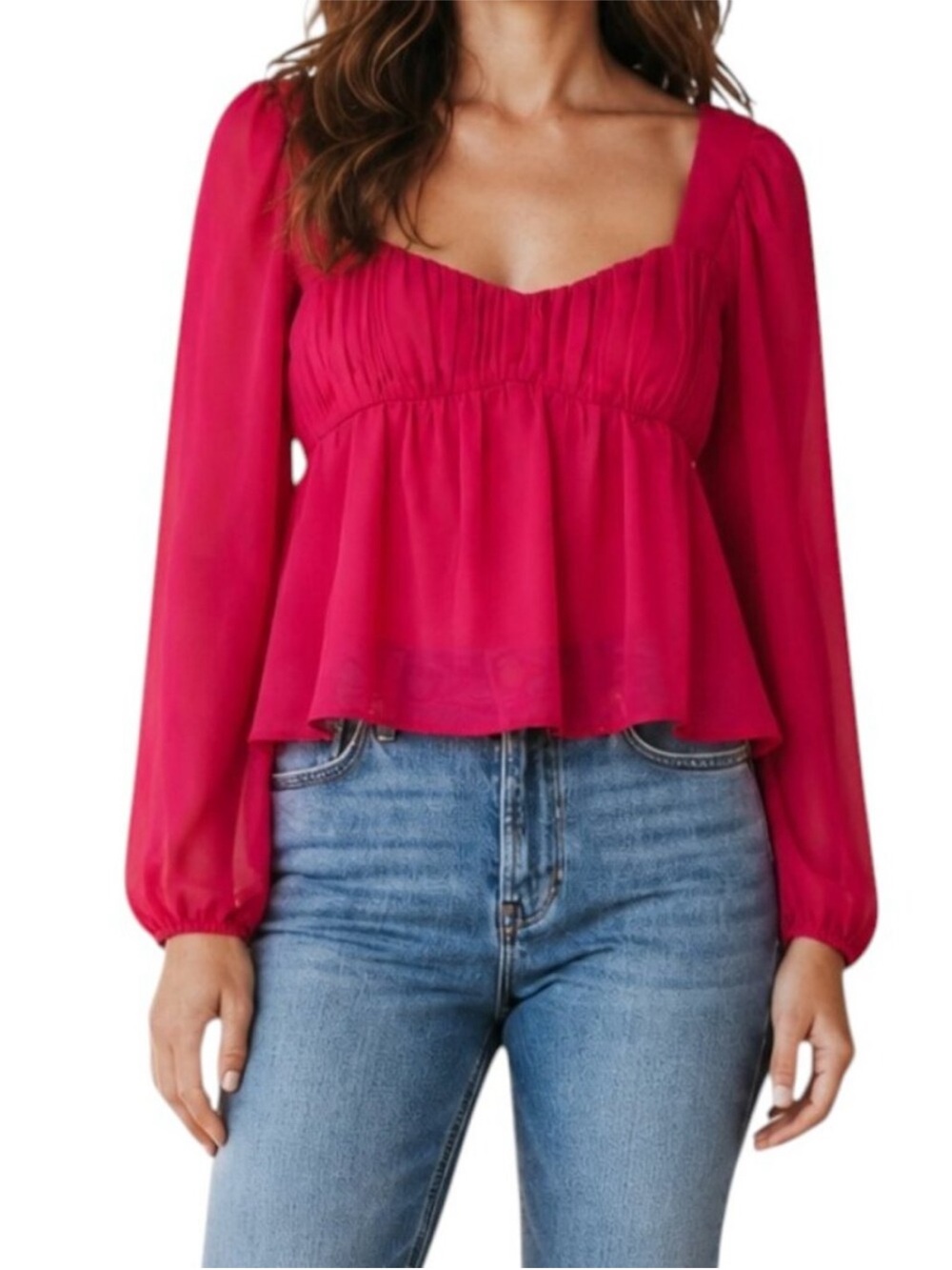 Abercrombie & Fitch Fuchsia Long-Sleeve Square Neck Blouse
